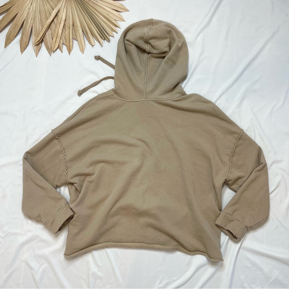Eileen Fisher Organic Cotton Cropped Khaki Tan Raw Hem Lounge Hoodie Sweatshirt - Picture 9 of 10